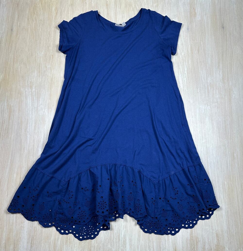 LOGO by Lori Goldstein Blue Eyelet Hem Knit Dress Short Sleeve Large Petite